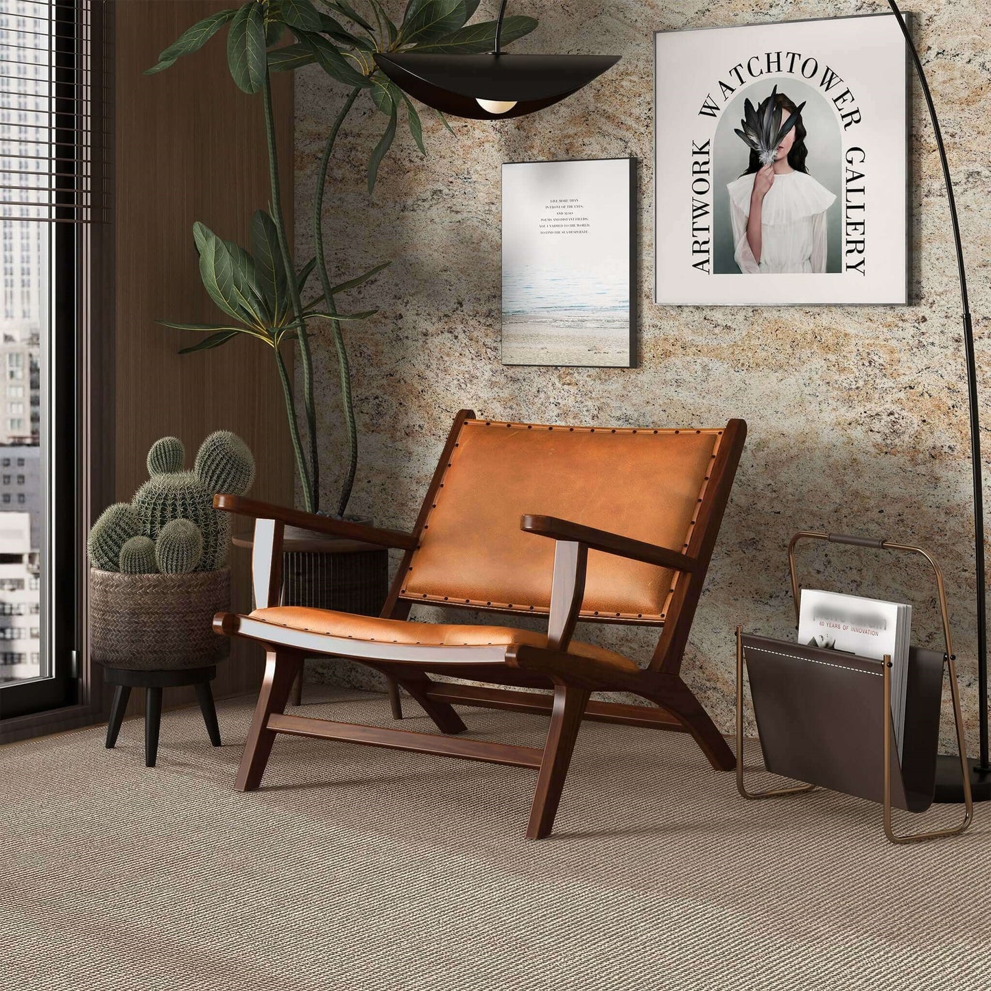 Daniel Mid-Century Modern Leather Arm Chair With Walnut-Finished