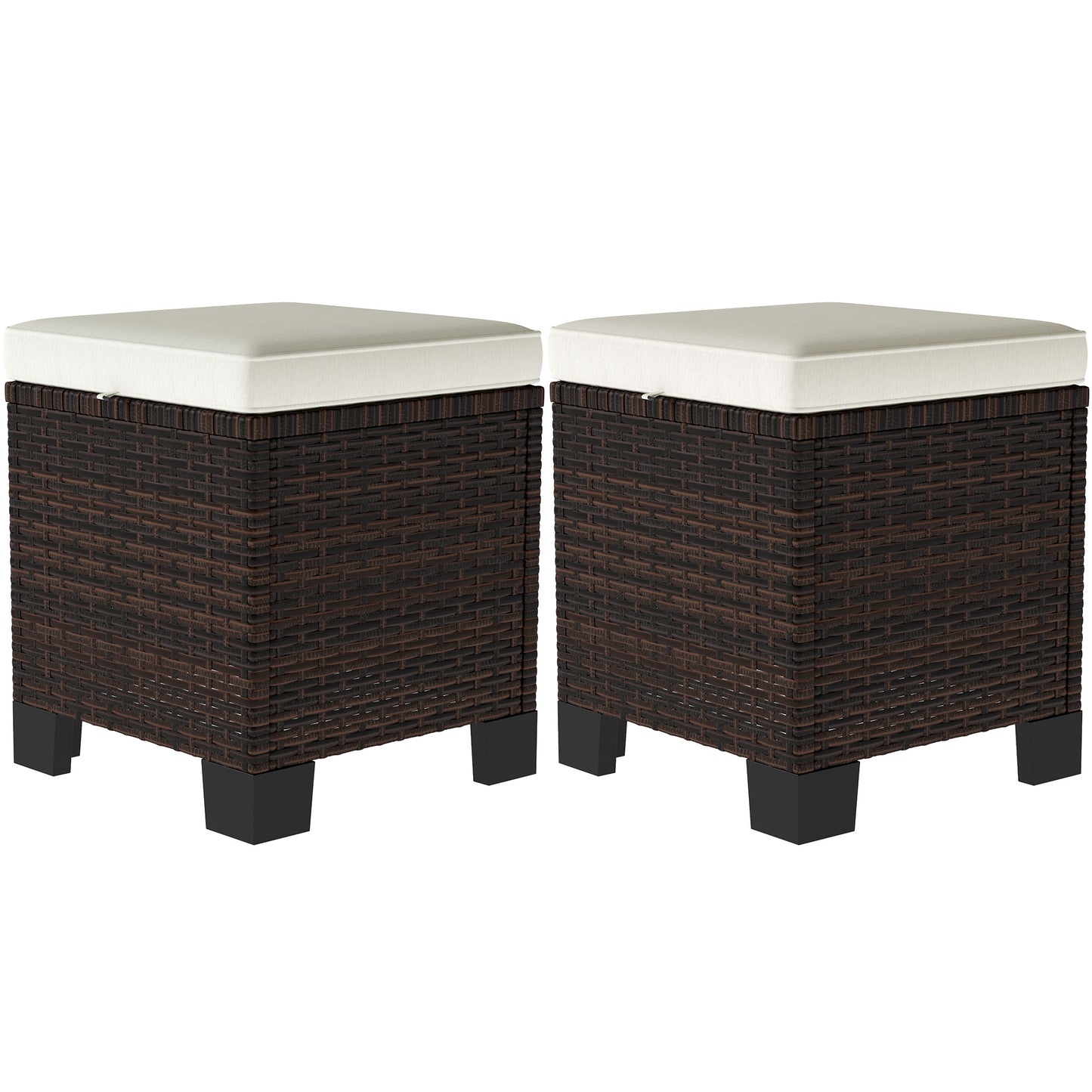2 Piece Outdoor Wicker Ottomans with Cushions - Beige