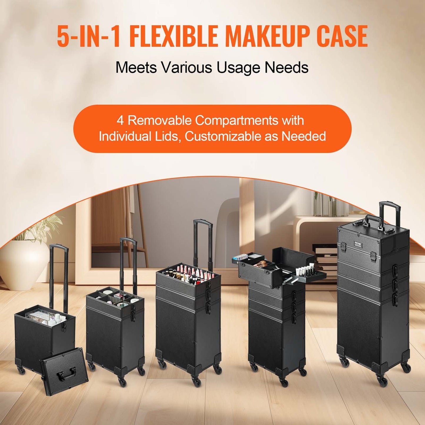 Large Makeup Train Case with 4 Detachable Compartments and 360° Wheels - Travel Cosmetic Organizer