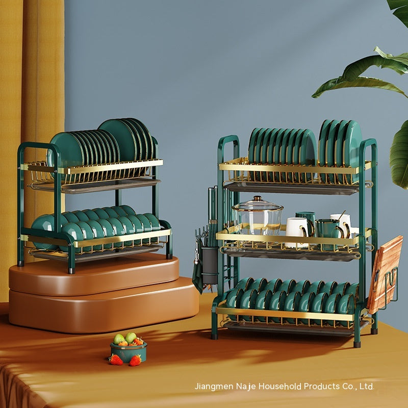 Two-Layer Kitchen Dish Rack Drainer with Cutting Board & Utensil Holders