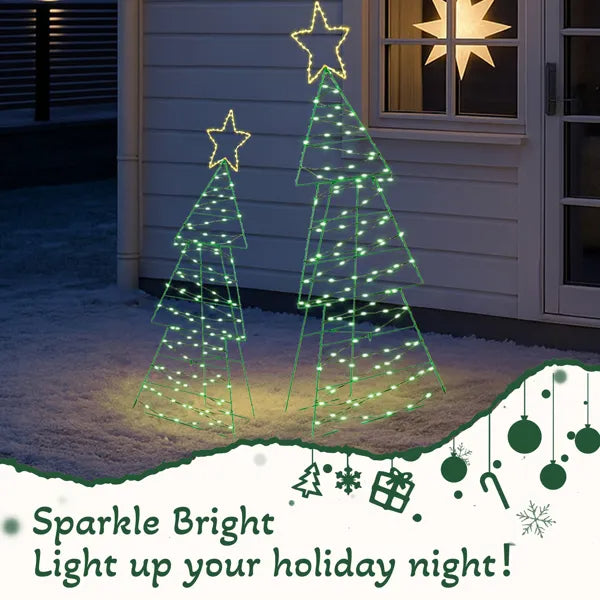 Lighted Metal Christmas Tree Yard Decorations - Set of 2, 150 LED Lights