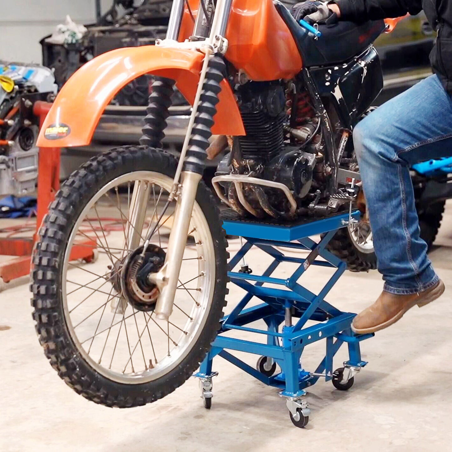 Hydraulic Motorcycle Scissor Jack Lift with Wheels - 300 lbs Capacity, Blue