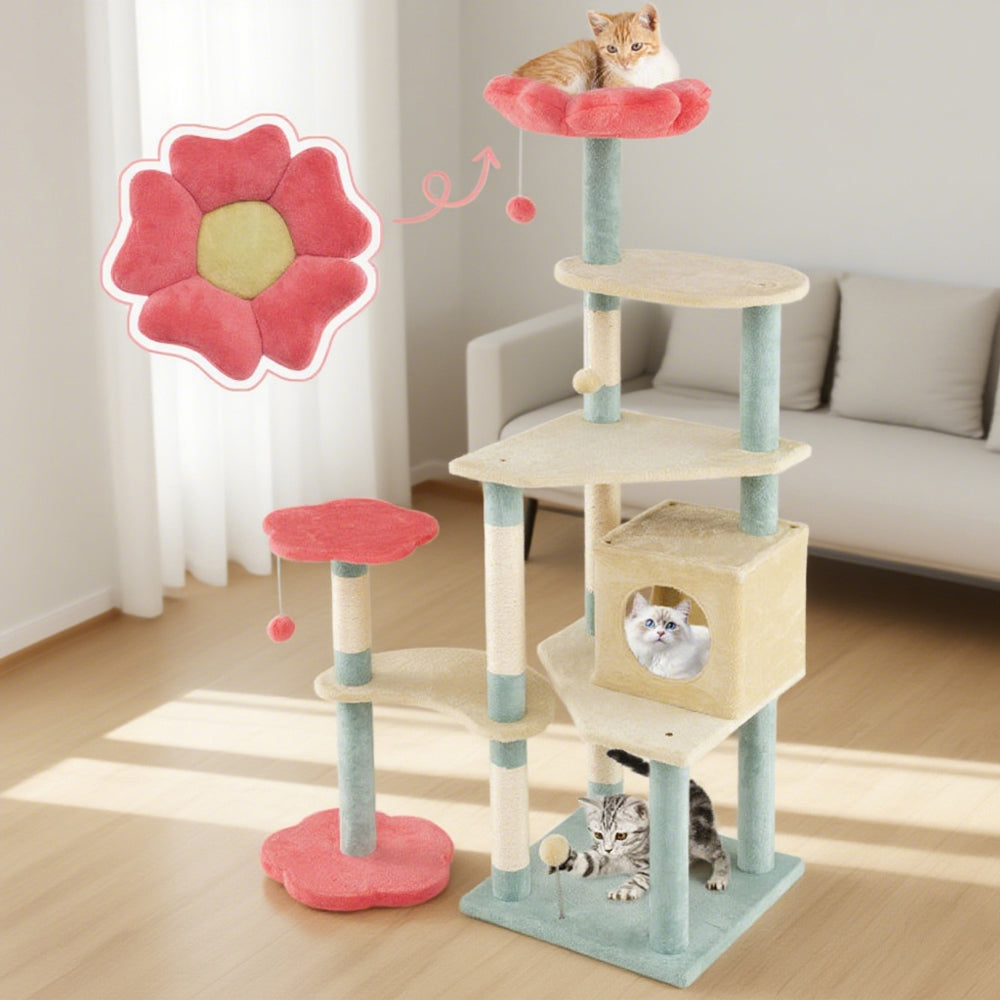 Multi-Level Cat Tree Tower with Flower-Shaped Perch and Scratching Posts - 61 Inch