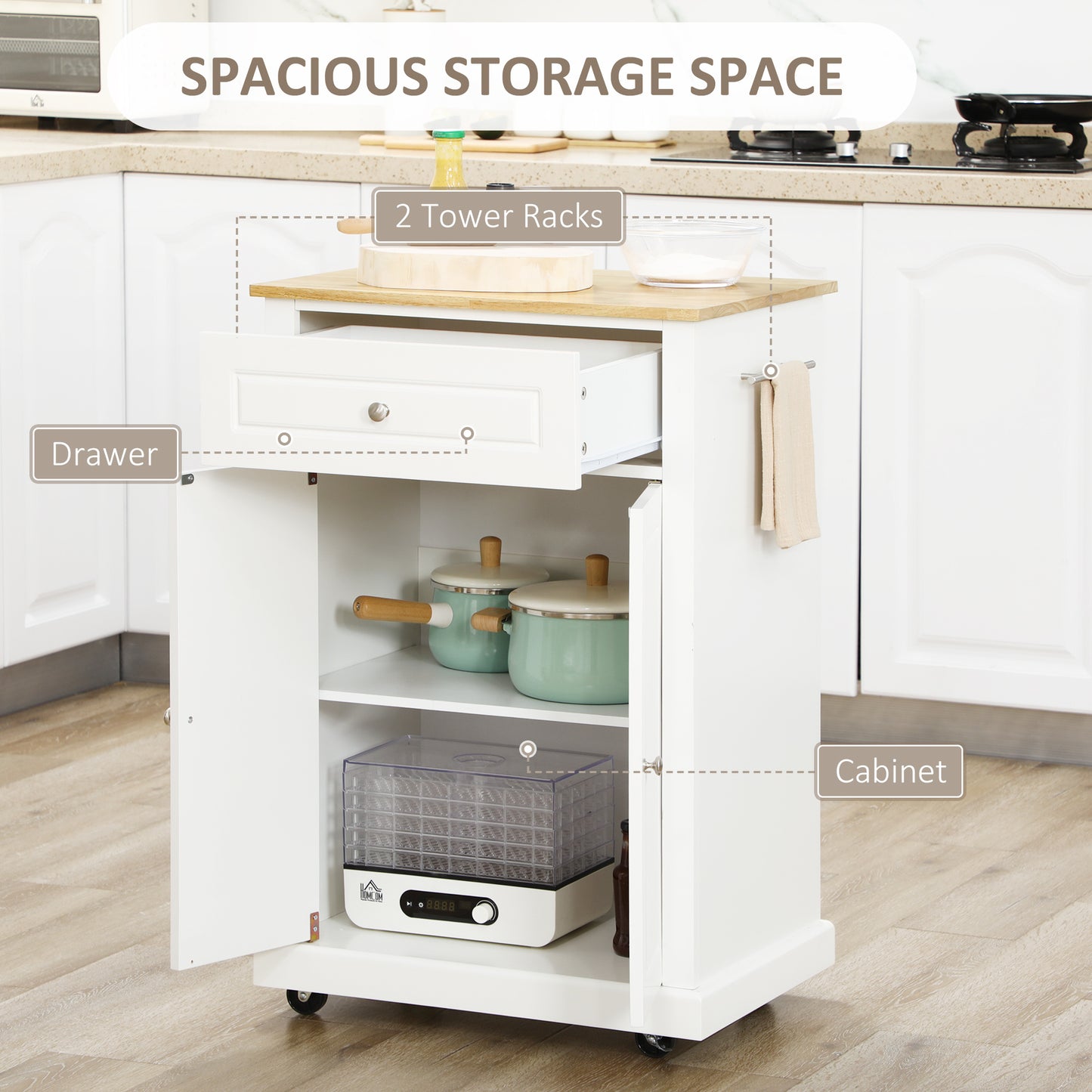 Portable Kitchen Island Cart with Drawer & Towel Racks - Cream White