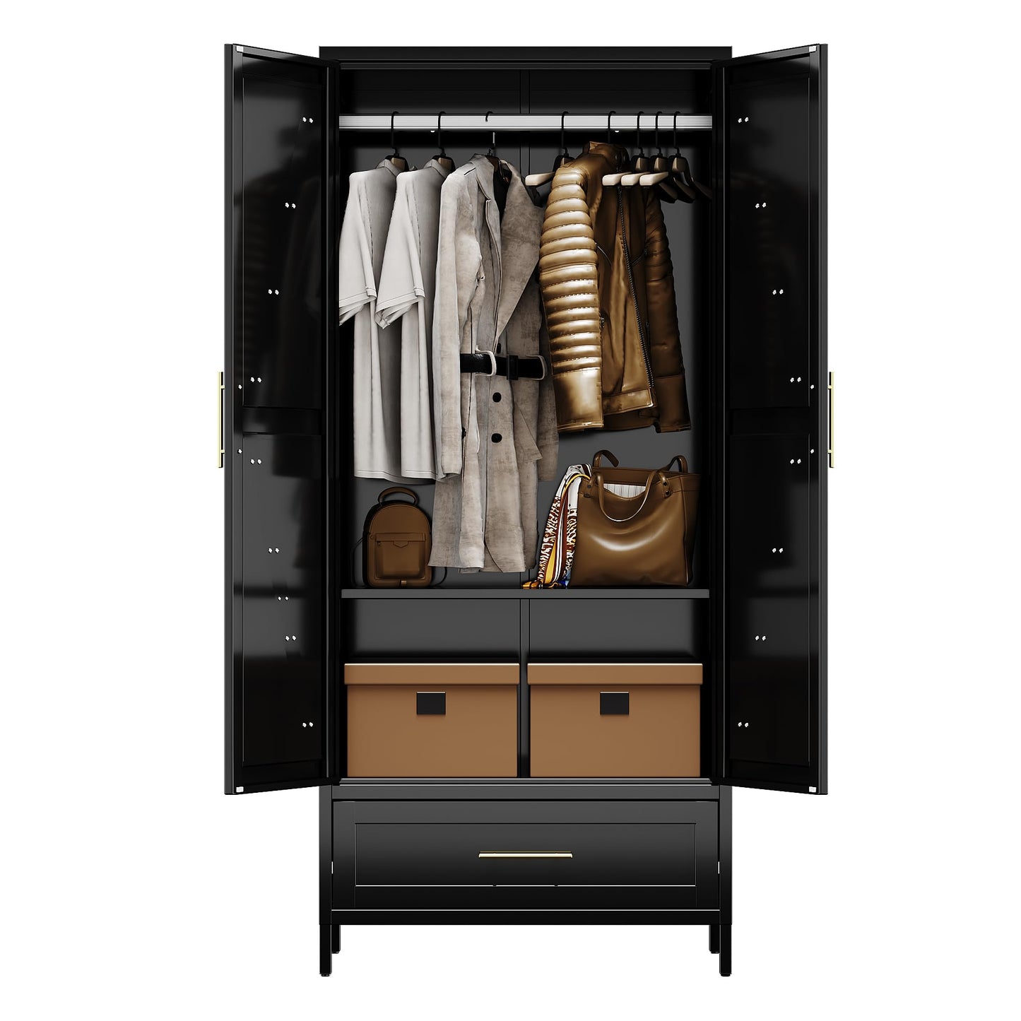 Metal Wardrobe Cabinet with Drawer - 71 Inch, Black