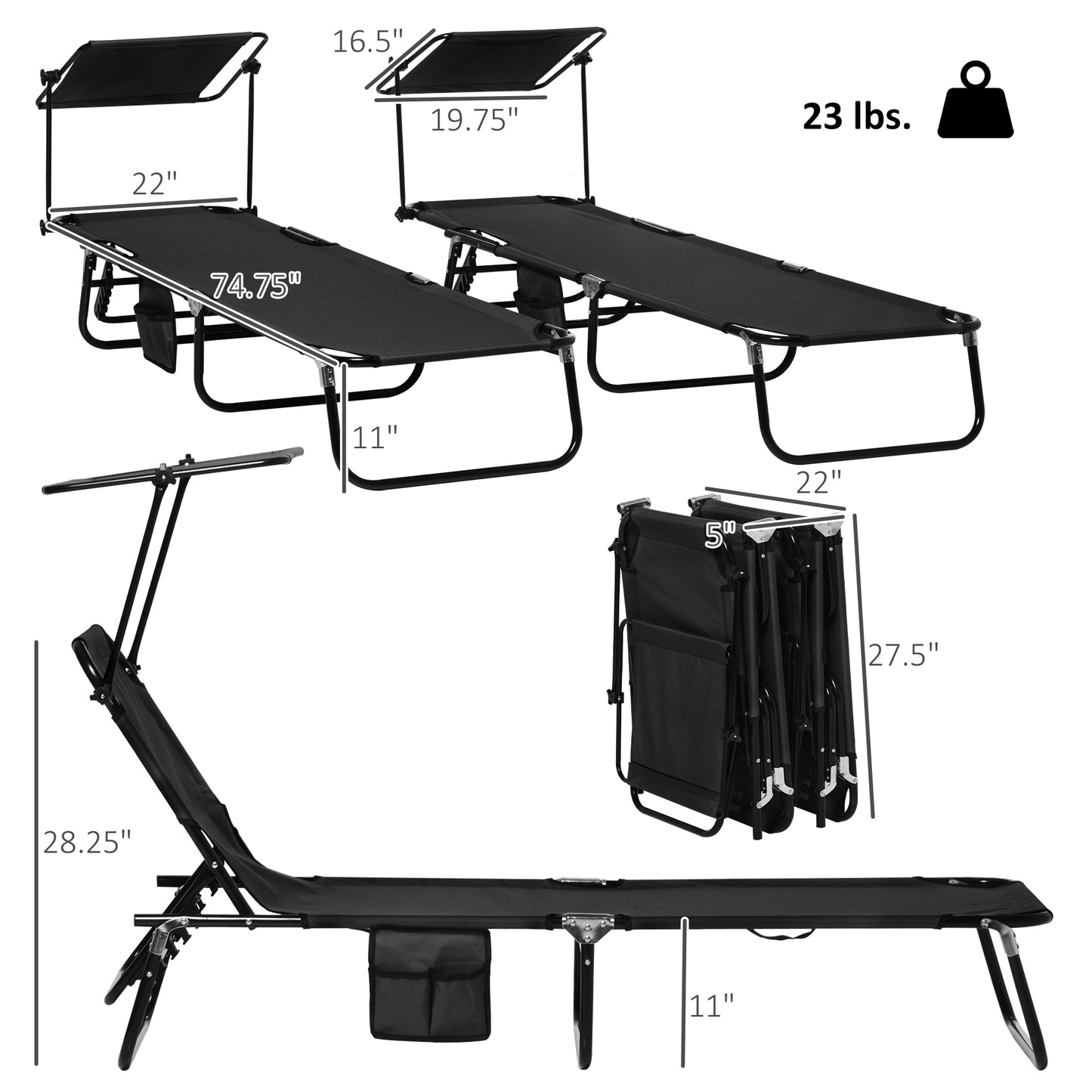 Outdoor Lounge Chairs Set of 2 - Adjustable Reclining, Black