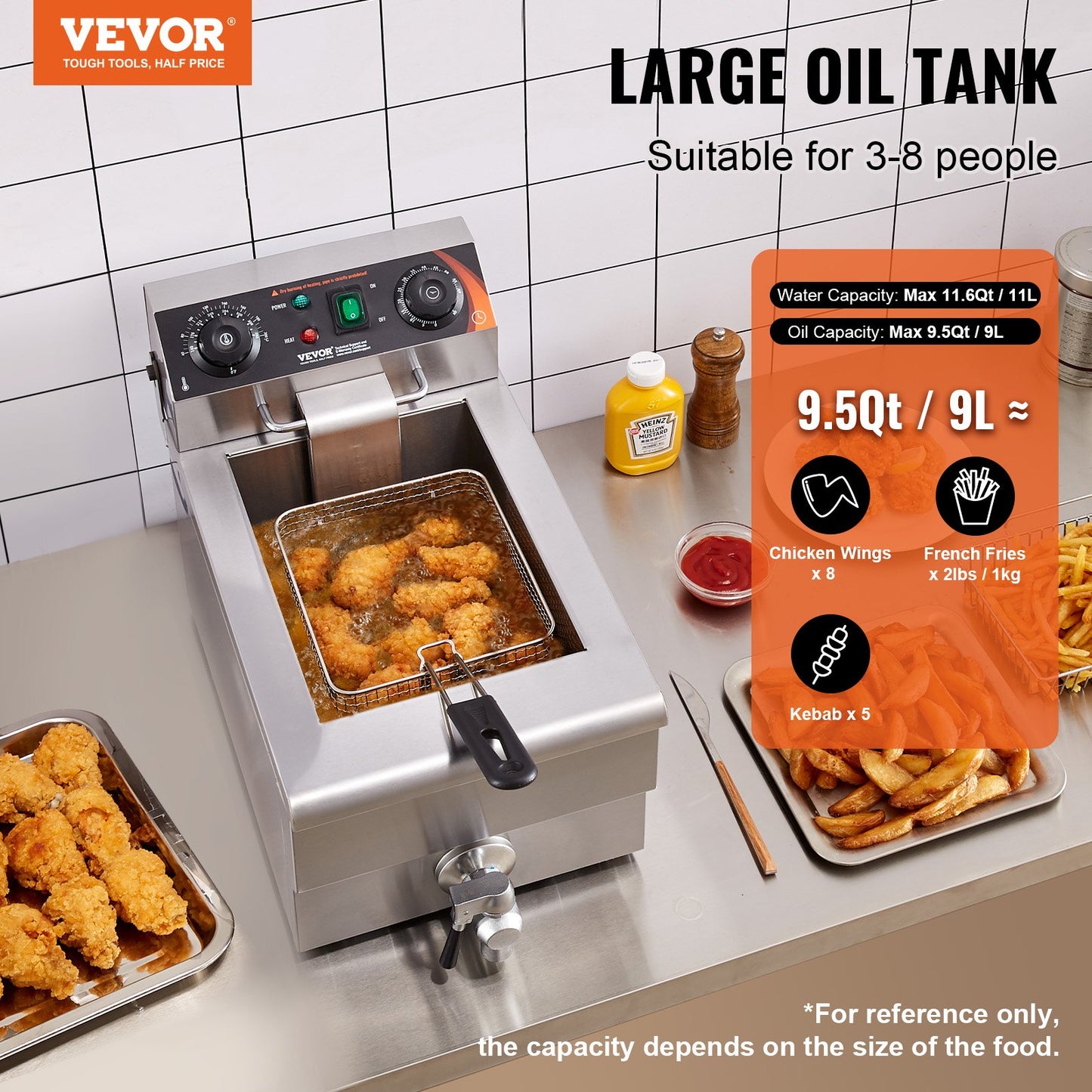 Commercial Electric Deep Fryer 11.6 Qt 1500W Countertop Food Cooker - Silver