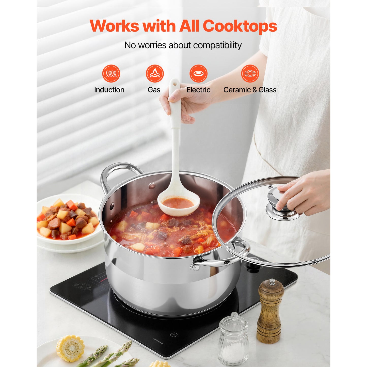 8-Quart Stainless Steel Stock Pot with Glass Lid for Soups & Pasta