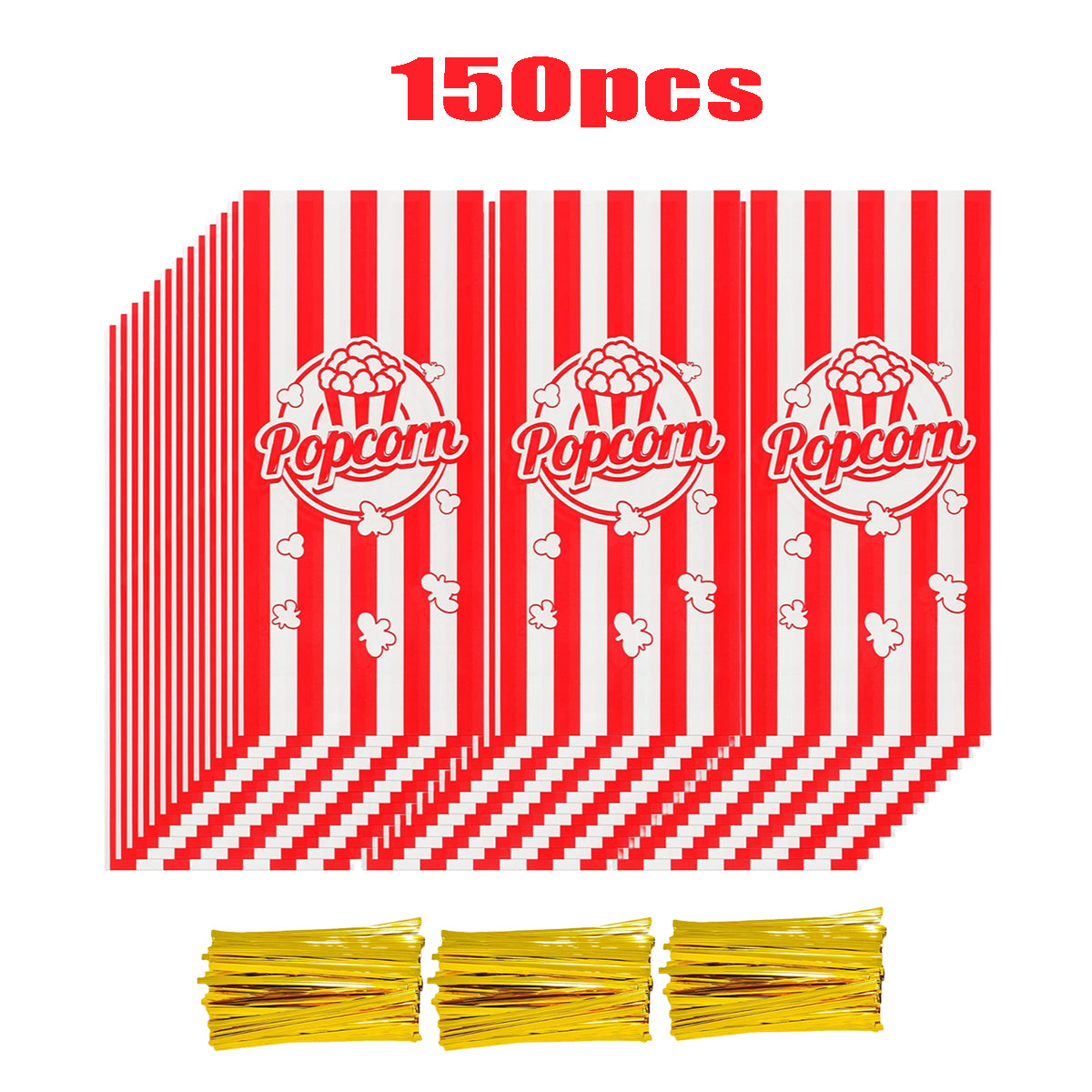 150 Pcs Red and White Plastic Popcorn Bags - 10.8 x 5 Inch