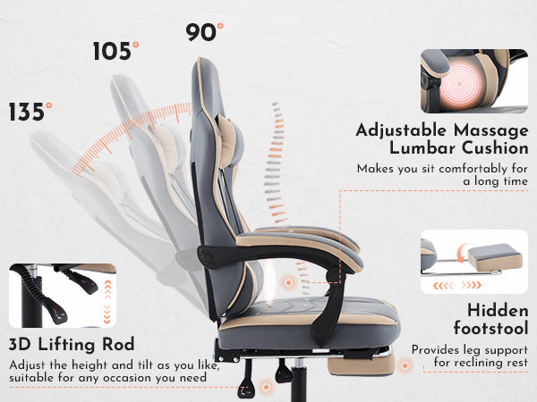 Ergonomic Gaming Chair with Footrest & Massage Support - Blue Beige