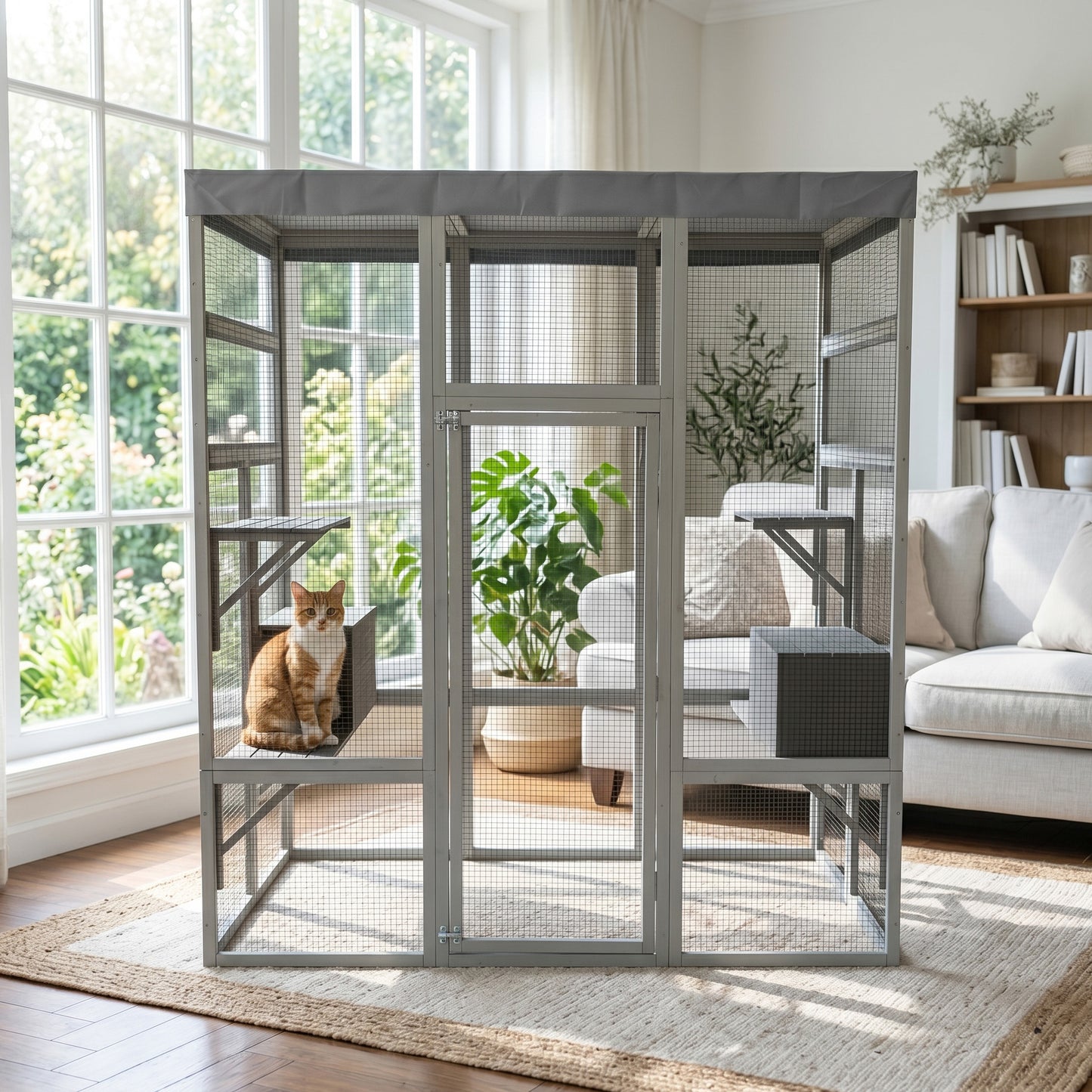 Gray Wooden Cat Enclosure with Waterproof Top, 2 Napping Boxes, Spacious & Secure