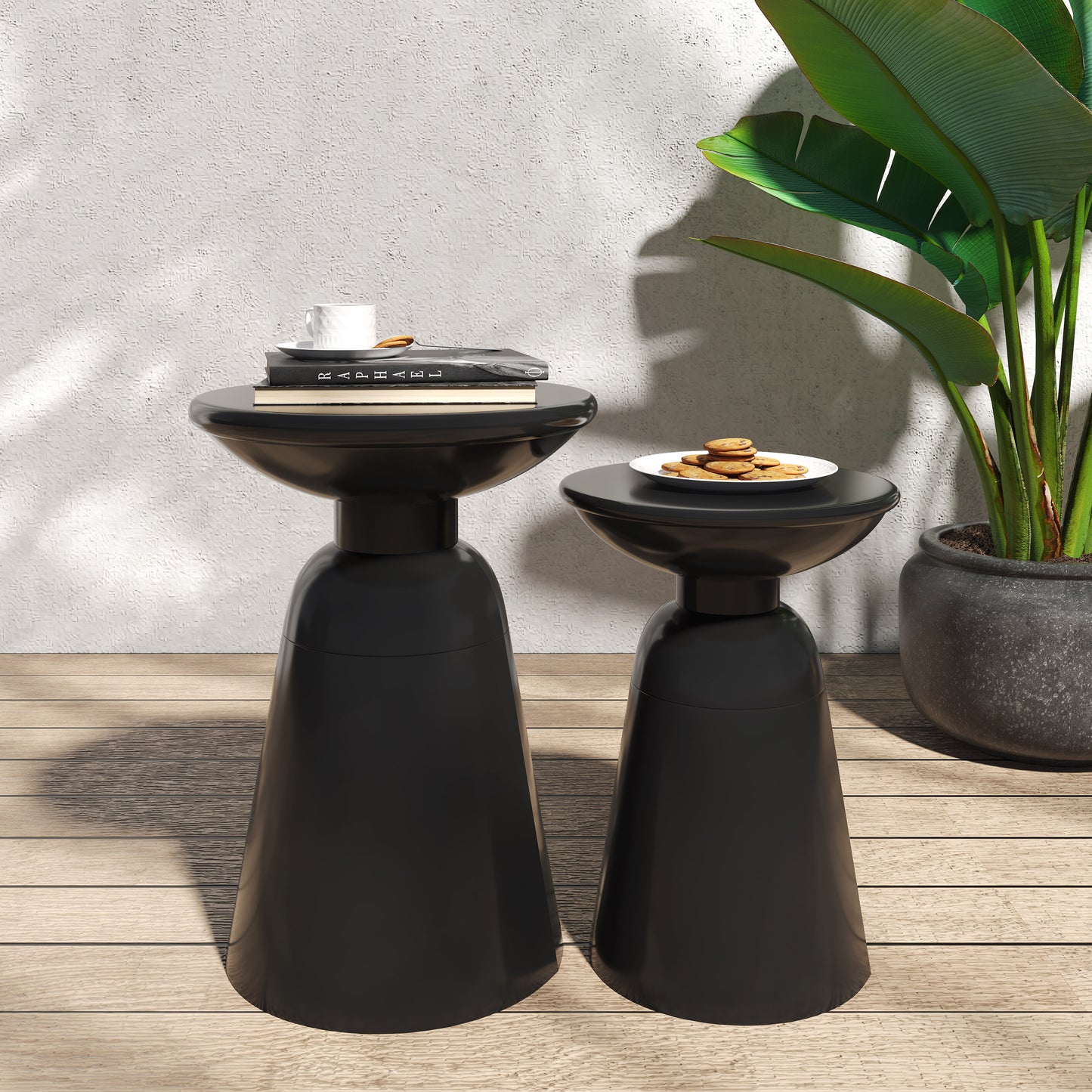 Outdoor Iron Side Tables Set of 2 - Modern Flared Design, Black