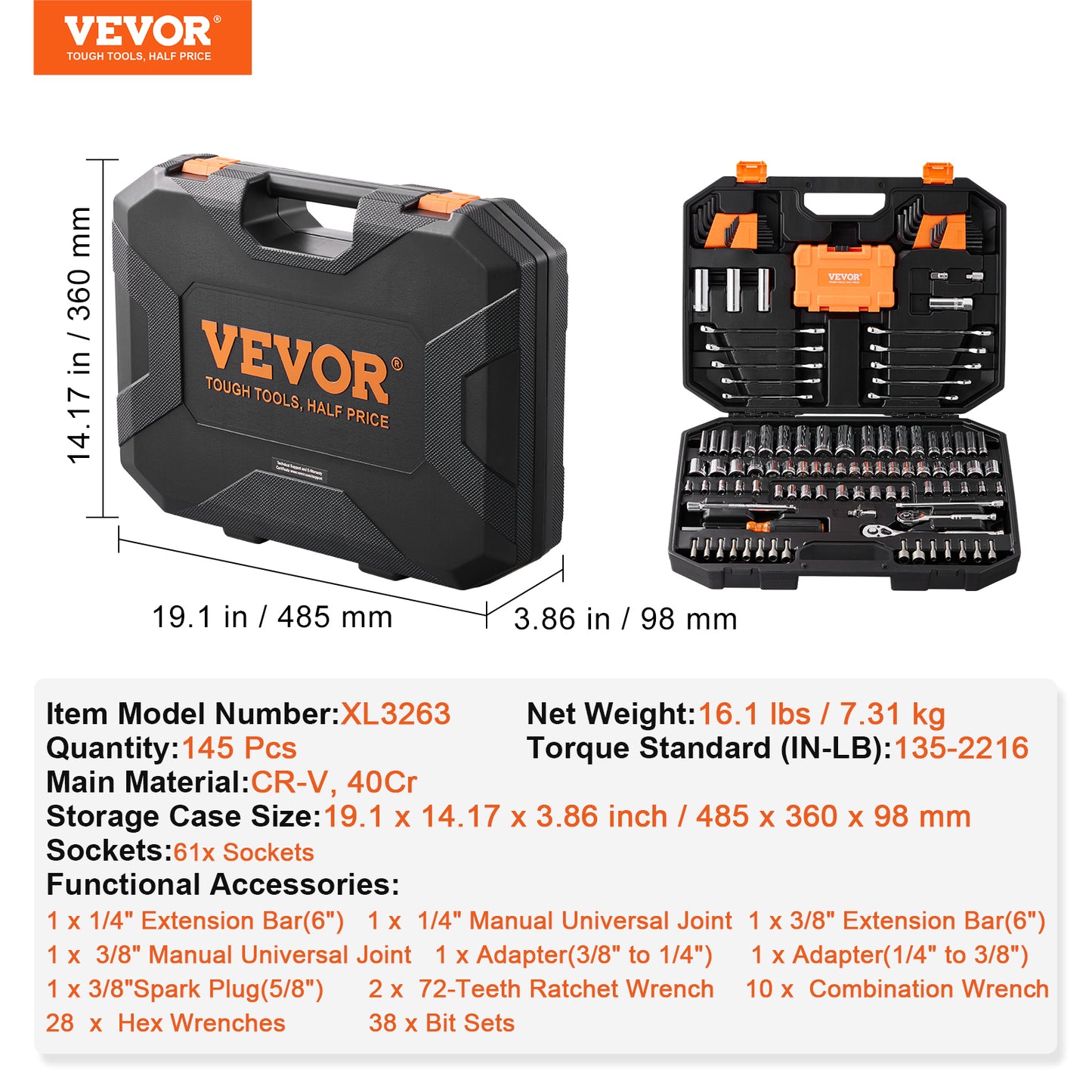 145-Piece Mechanic Tool Set with Sockets Wrenches and Storage Case