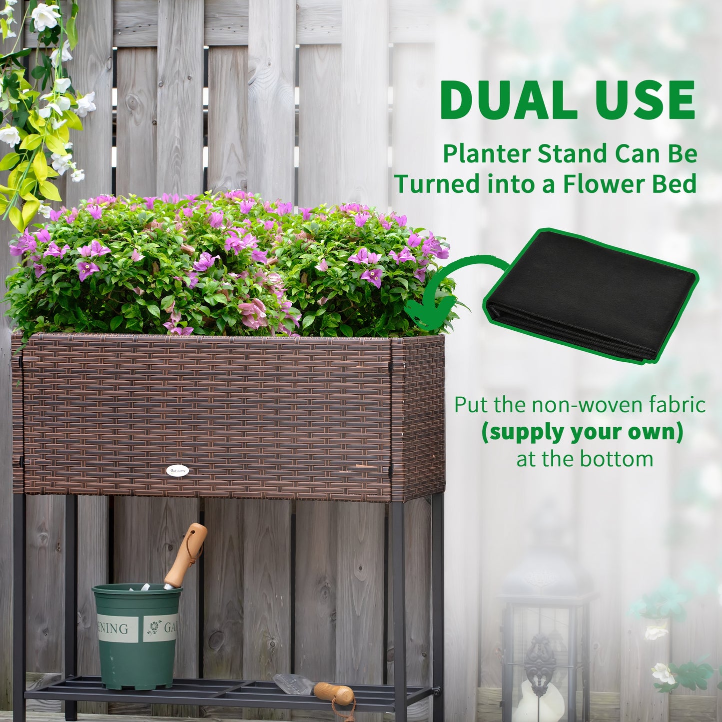 Raised Garden Bed with Rattan Wicker Look and Tool Storage Shelf - Portable Herb and Vegetable Planter
