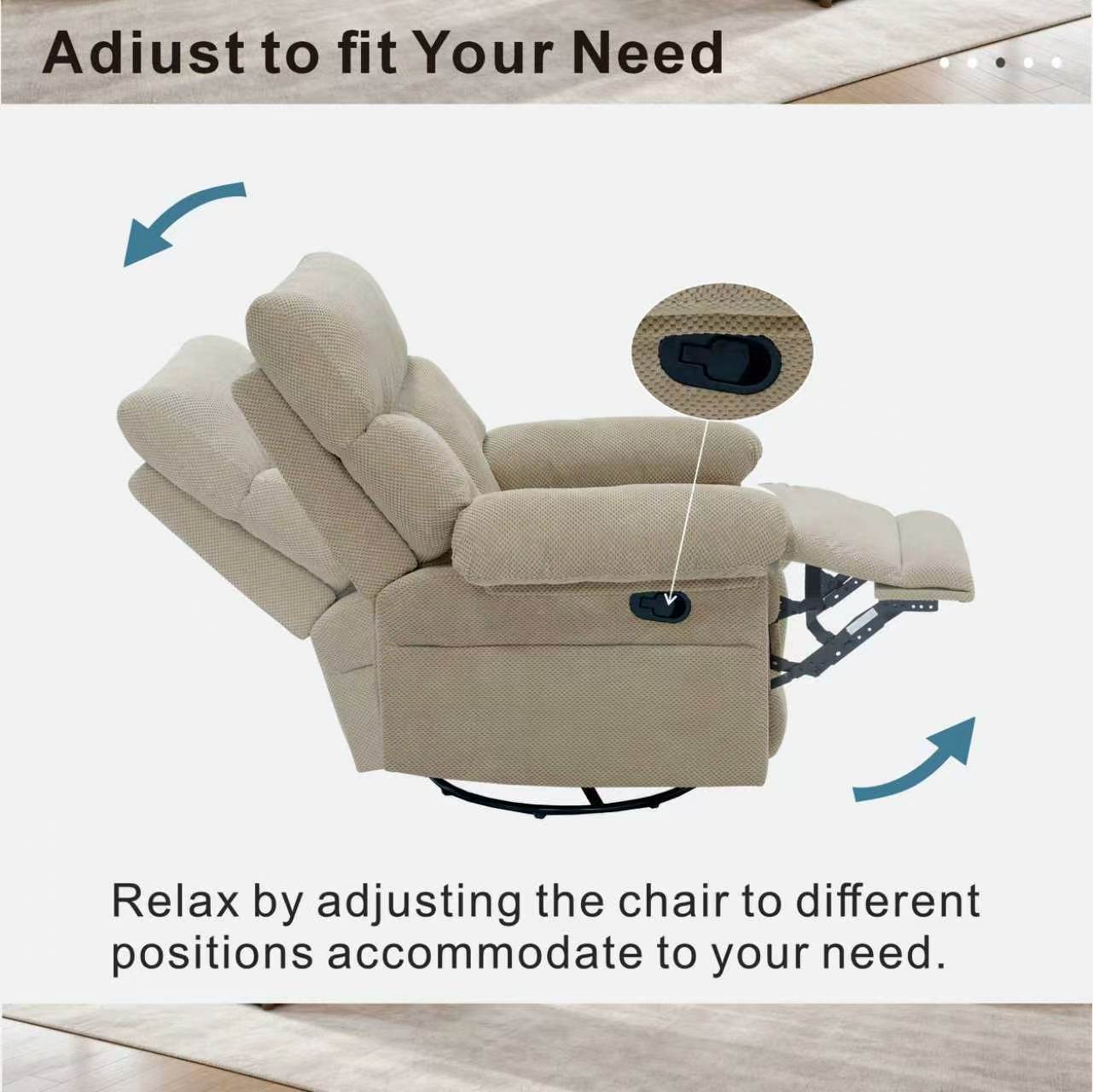 Modern Swivel Rocker Recliner Chair - Camel Fabric Armchair