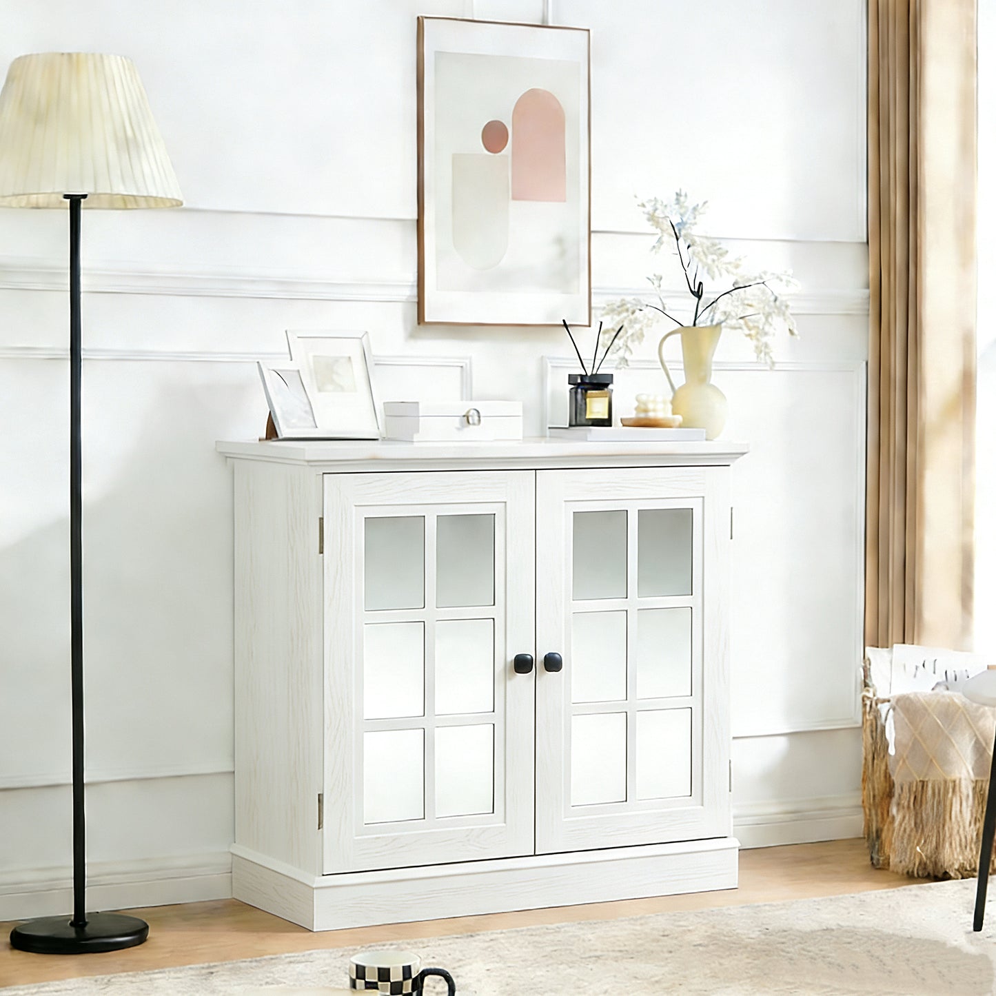 Storage Sideboard Cabinet With 2 Decorative Acrylic Mirrored Doors,