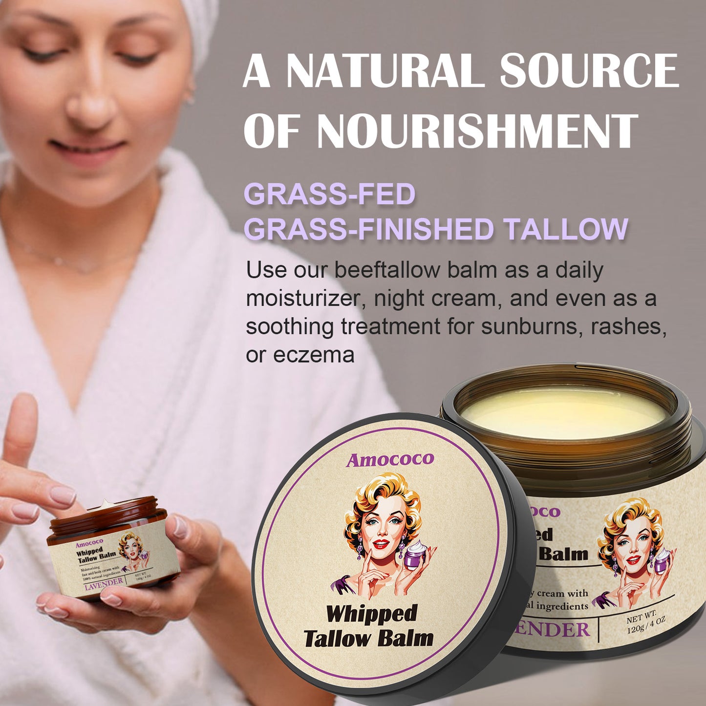 Whipped Tallow Balm with Lavender - Deep Hydration Skin Moisturizer 120g