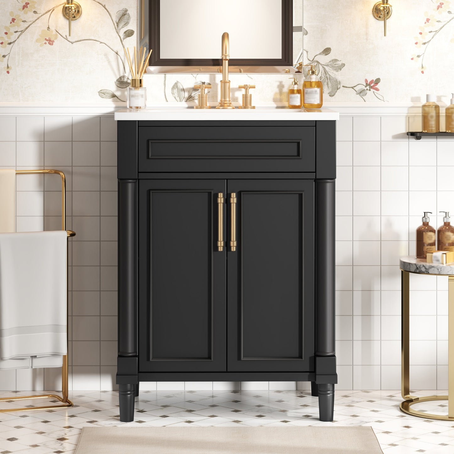 24 Bathroom Vanity With Integrated Ceramic Sink, Cabinet 2 Doors,