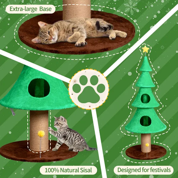 Large 59in Christmas Tree Cat Tower with Condos & Scratching Post, Fleece Cover, Teaser Toy