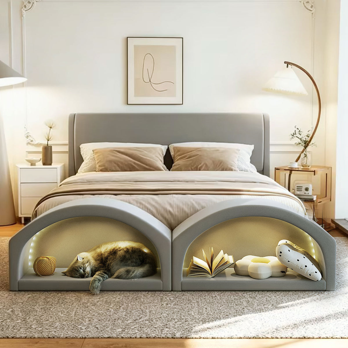 Queen Size Upholstered Platform Bed Frame with Dual Cat Caves & LED Pet Nests - Gray