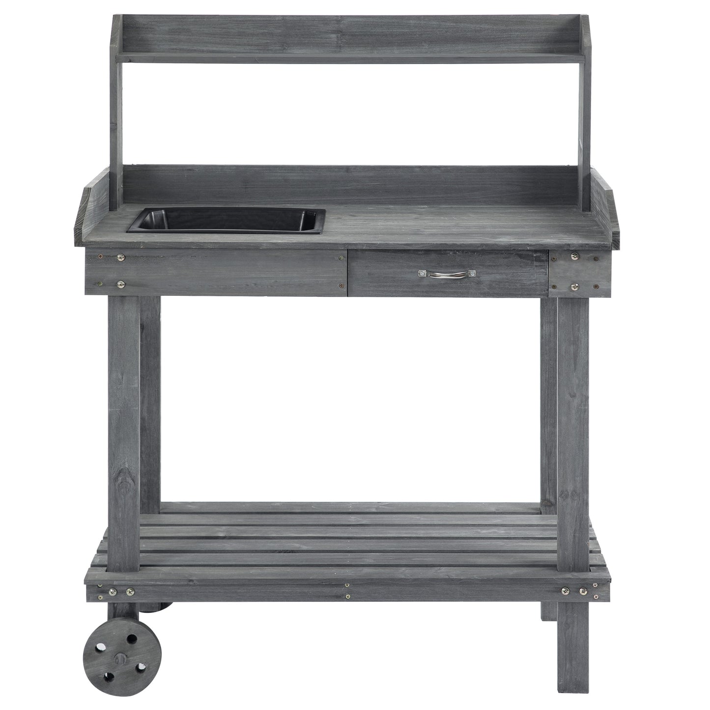 Wooden Potting Bench with Sink, Wheels, Drawer & Storage - Gray Garden Work Table