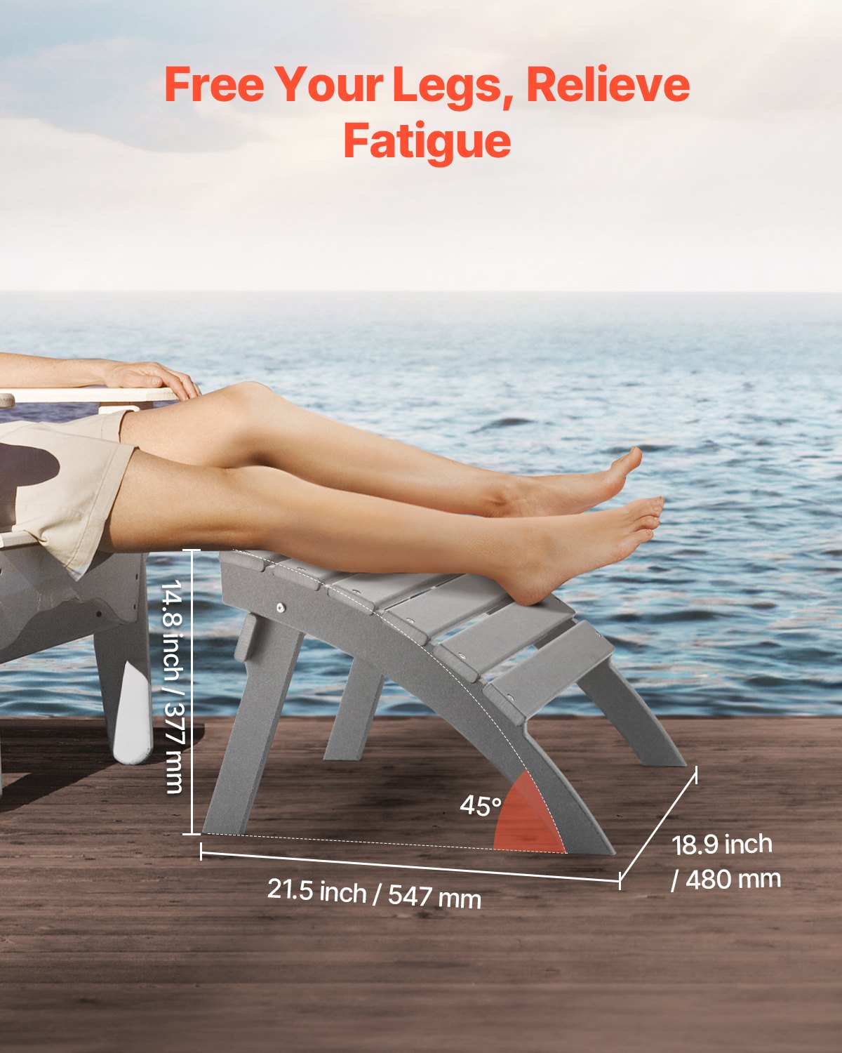 Folding Adirondack Ottoman Footrest for Outdoor Patio Gray 21.5L x 18.9W x 14.8H