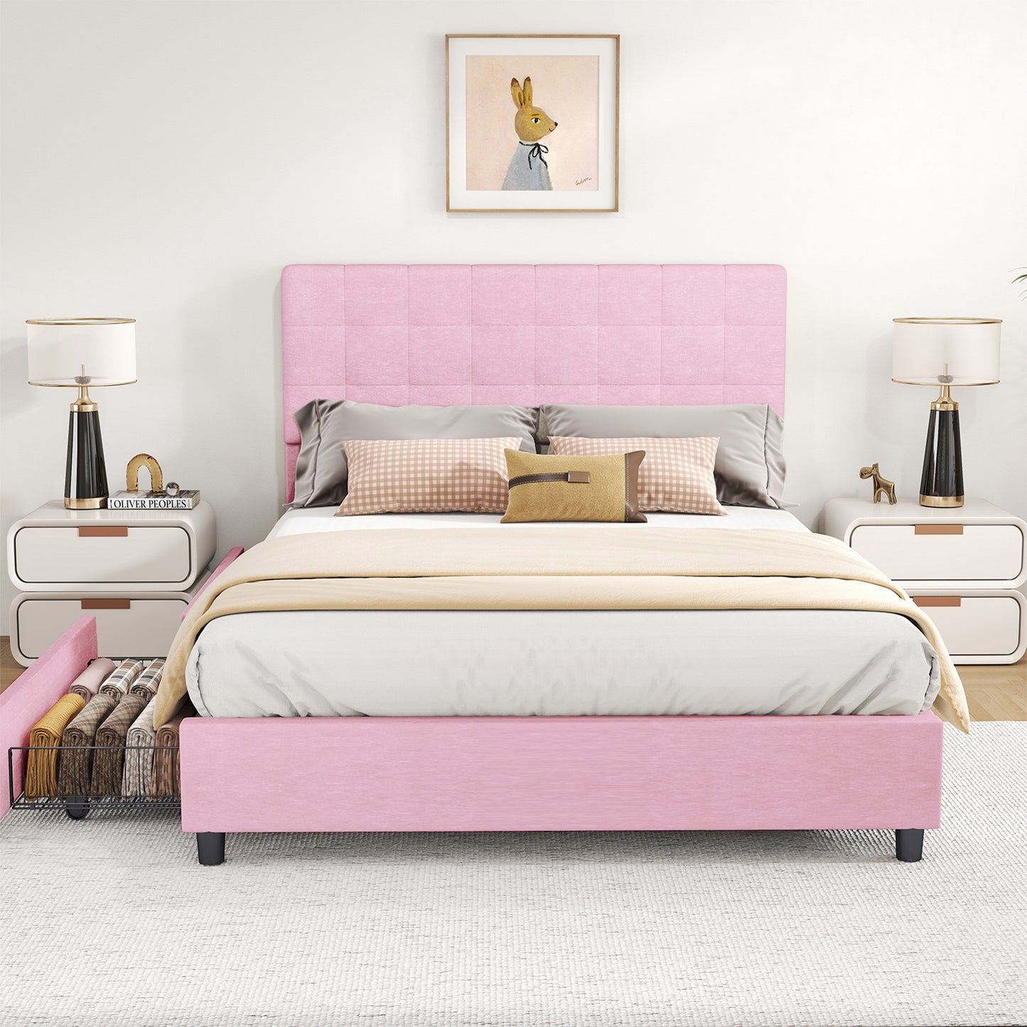 Full Bed Frame Upholstered Vertical Channel Headboard With 4 Storage