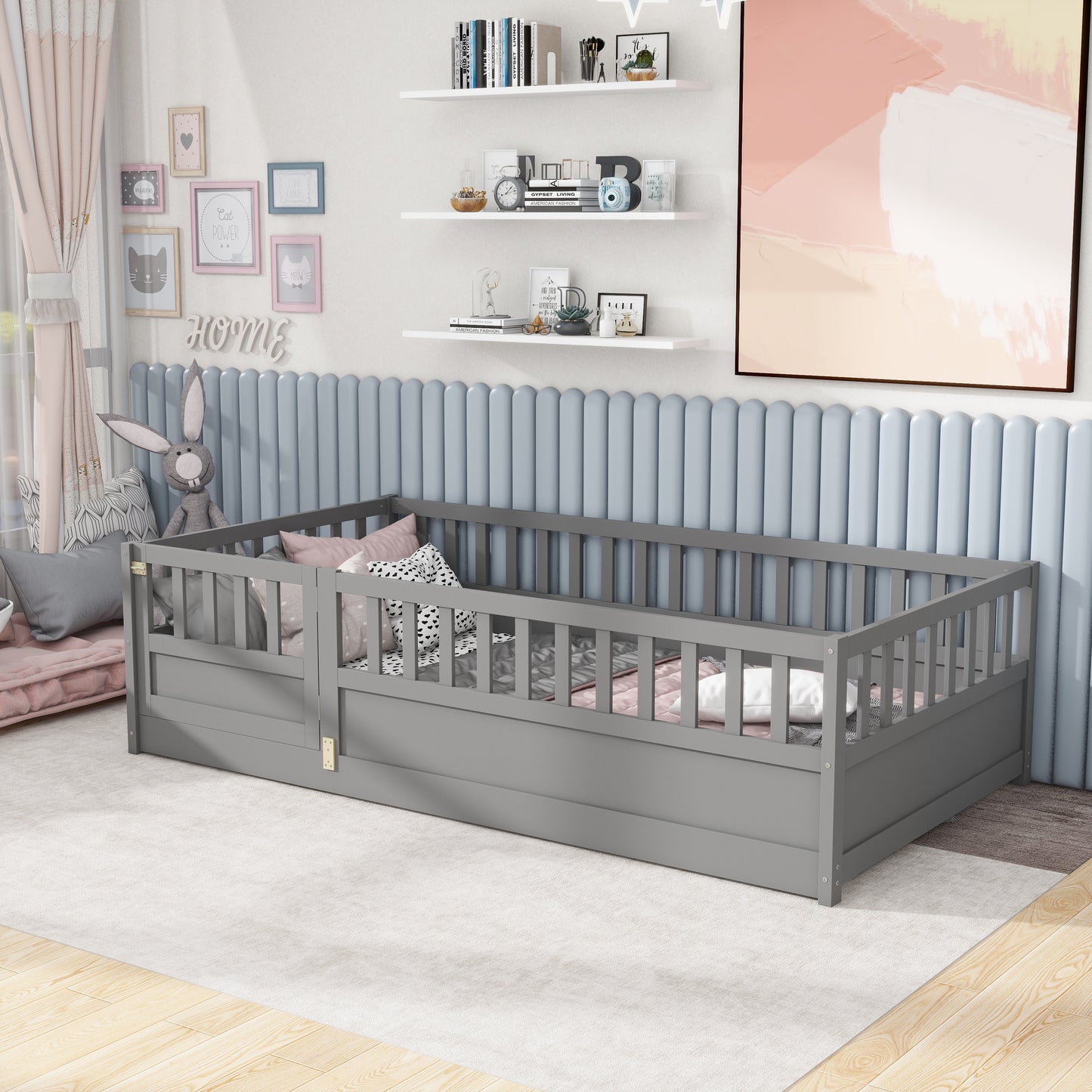 Twin Size Montessori Floor Bed Frame with High Security Barrier - Grey