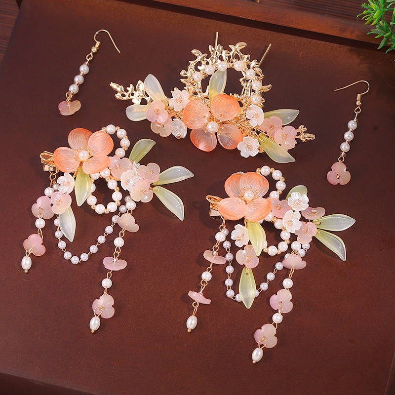 Vintage Flower Hairpin Set with Tassel - Pink