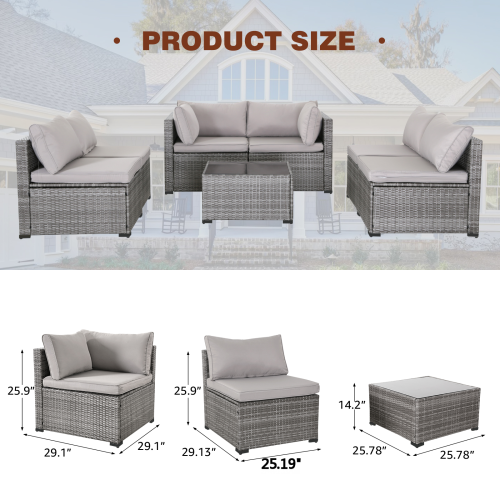 7-Piece Outdoor Patio Furniture Set - All-Weather Wicker Sectional with Cushions & Glass Table - Grey