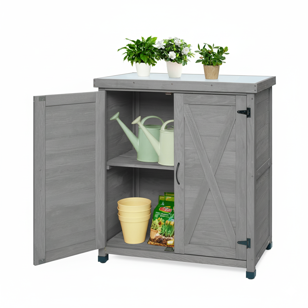 Potting Bench With Storage Cabinet And Metal Table Top For Outdoor