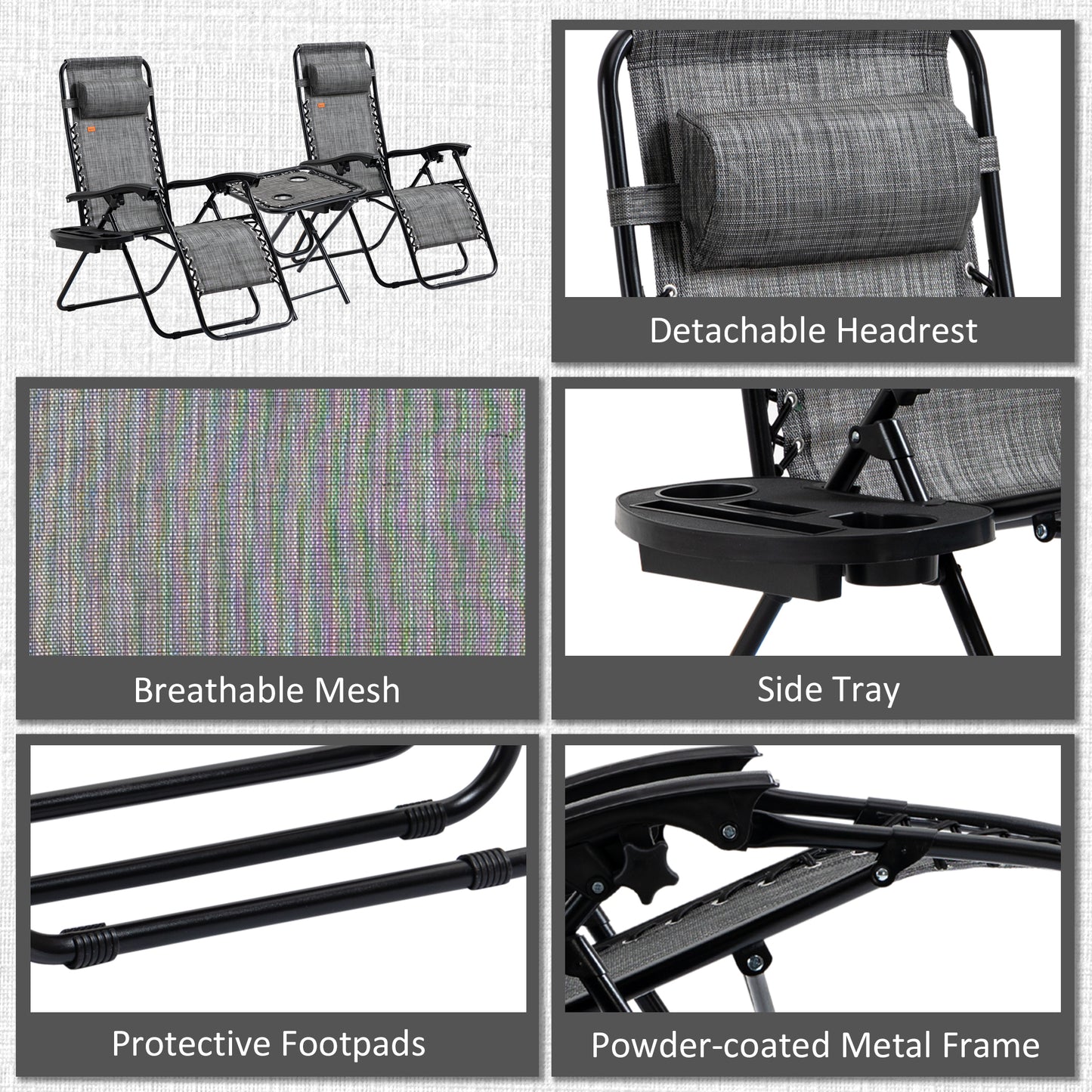 Folding Zero Gravity Chair Set with Side Table & Cupholders - Gray