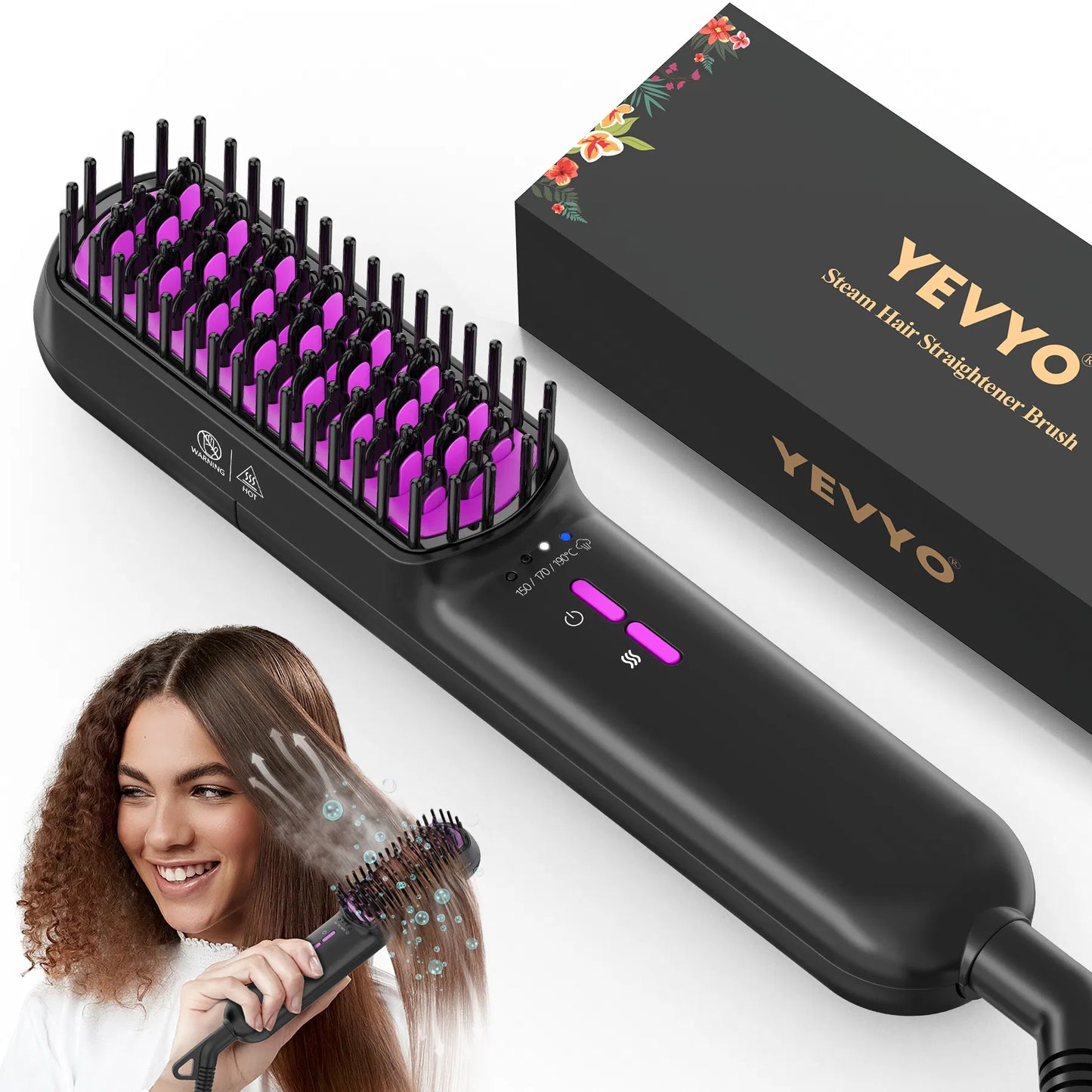 Ionic Steam Hair Straightener Brush - Anti-Scald Ceramic Comb - Purple
