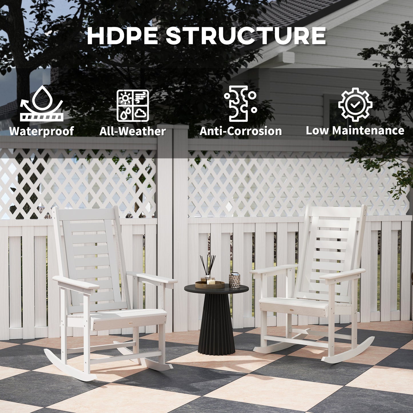 Set of 2 Outdoor Rocking Chairs - HDPE Patio Rockers, White