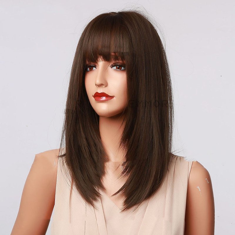 High Temperature Silk Bangs Wig for Face Shape Modification - Black and Brown Shoulder-Length Hair