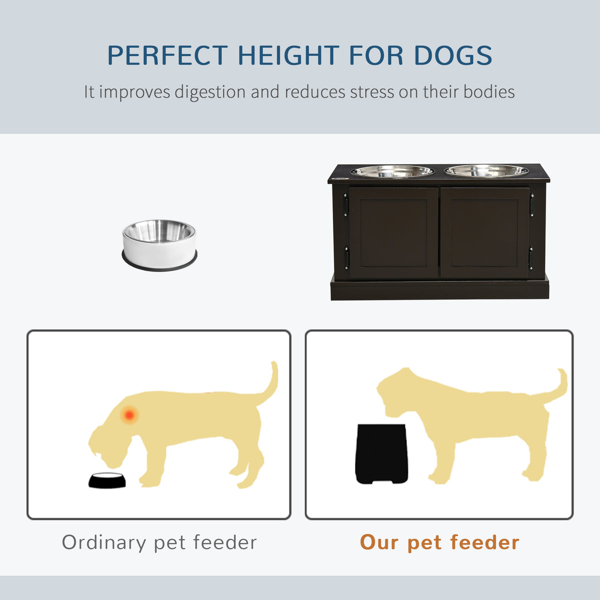 Elevated Dog Bowls with Storage for Large Dogs - Stainless Steel & Wooden Frame