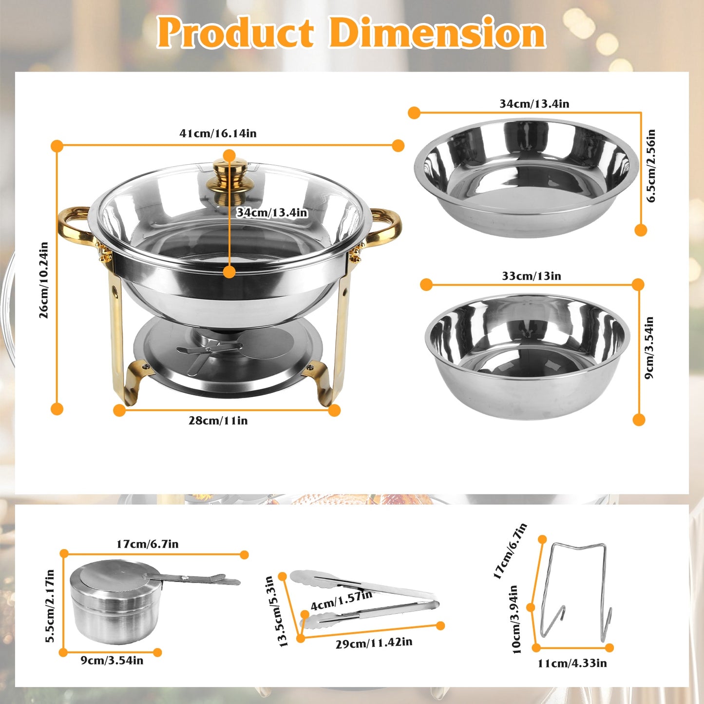 4-Piece Stainless Steel Chafing Dish Set - 4.76QT Round Buffet Servers