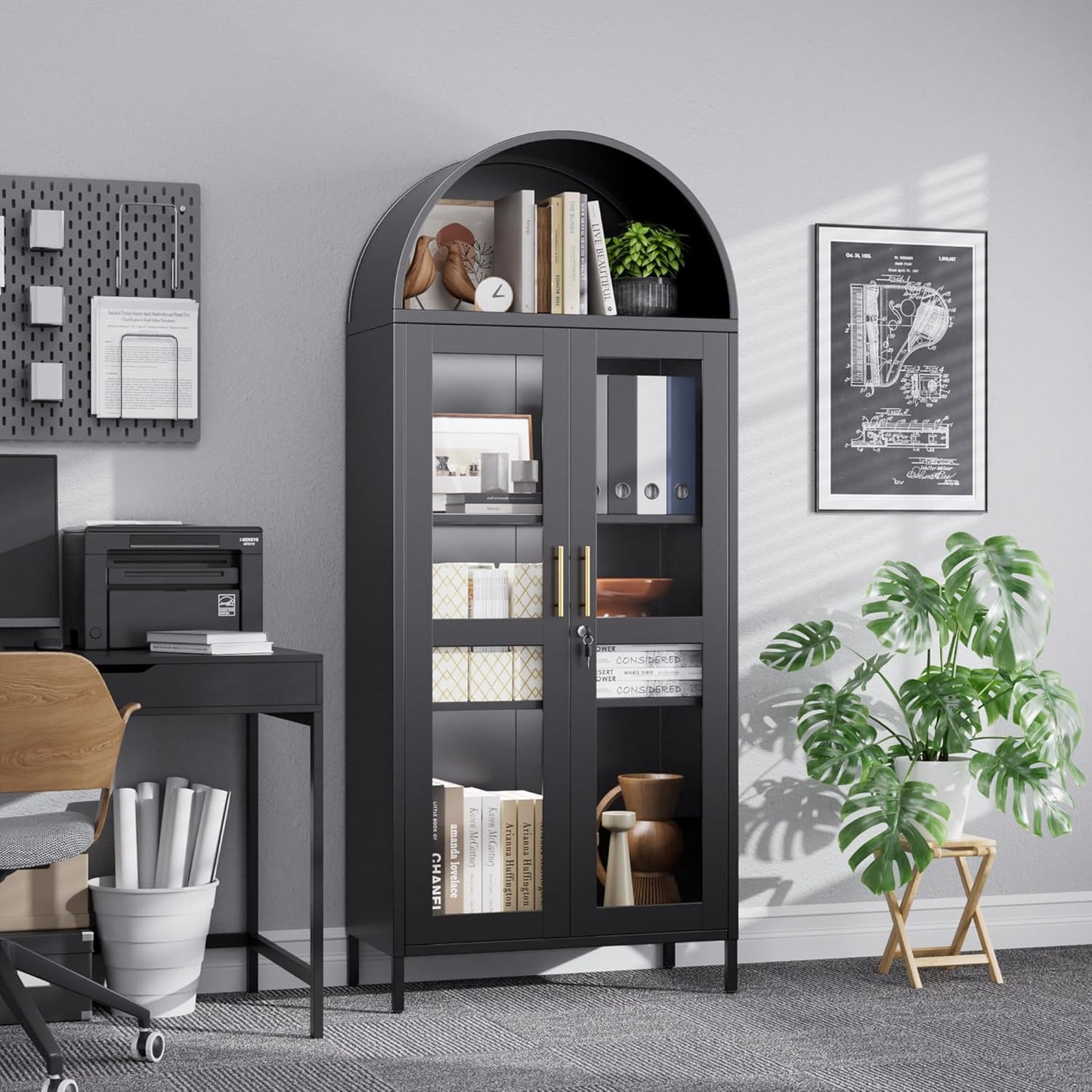 Arched Glass Door Storage Cabinet with LED Lights - Black