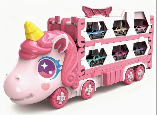 Pink Transforming Truck Toy with Expandable Racetrack and Car Storage Set for Kids