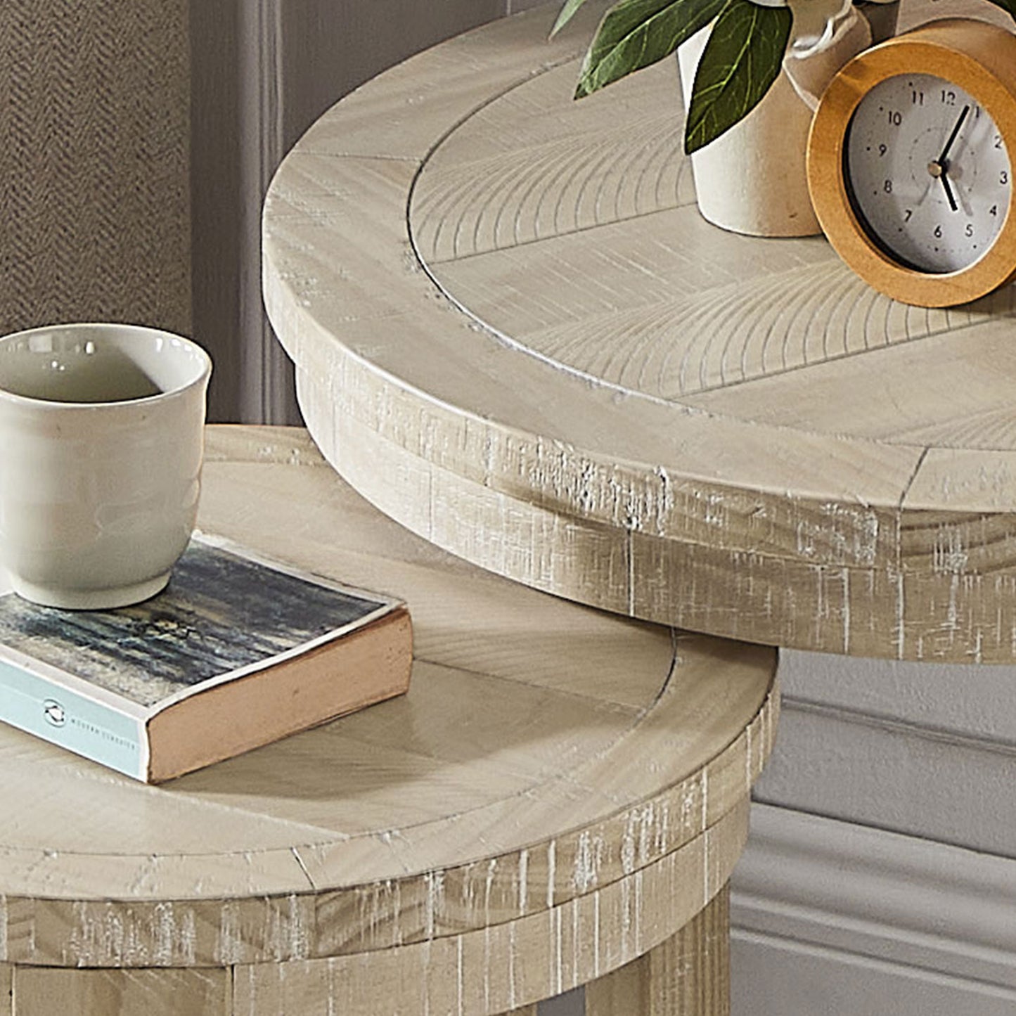 24-Inch Round Wooden Coffee Table Set - Oak Finish, 2-Piece