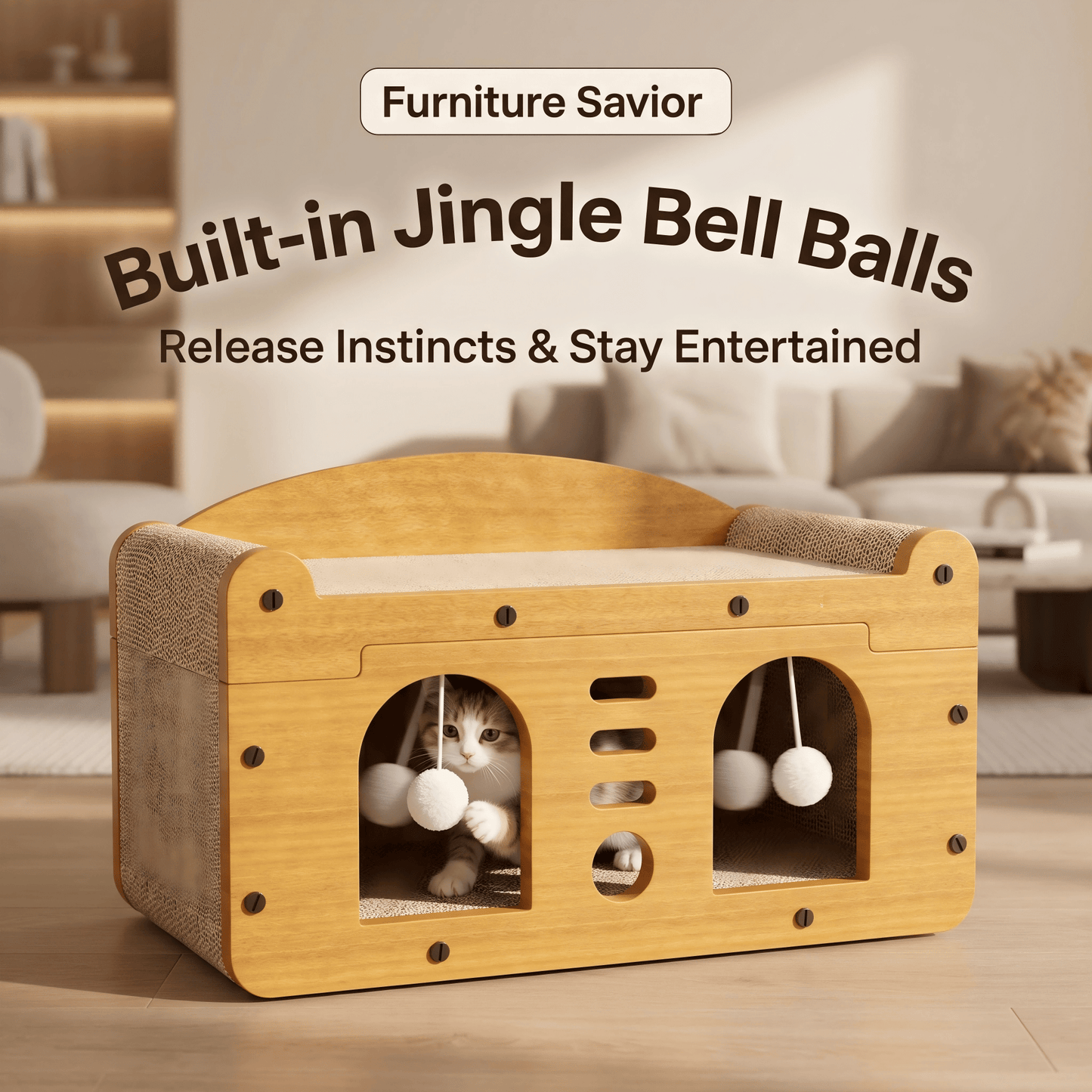 Multi-Style Double-Layer Cat House & Bed with Corrugated Cardboard, Interactive Toys & Ergonomic Support