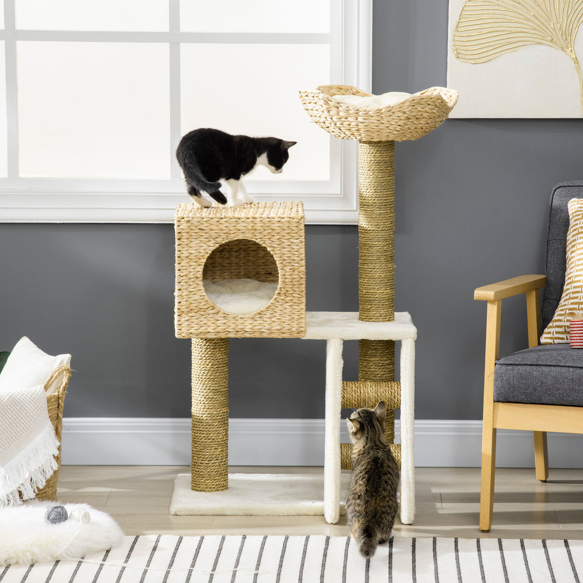 Indoor Cat Tree Tower with Rattan Condo and Washable Cushions - Natural Finish