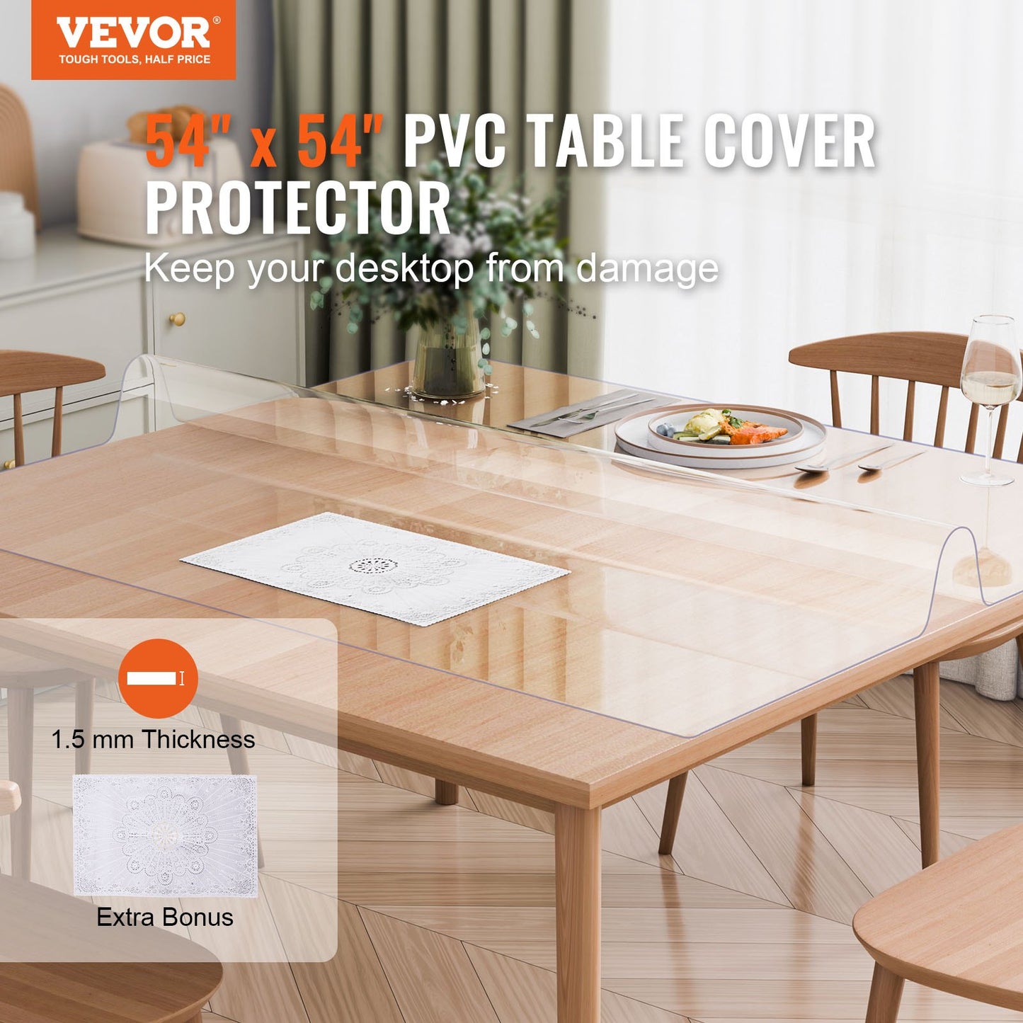 Clear PVC Table Protector 54x54 Inch - 1.5mm Thick
