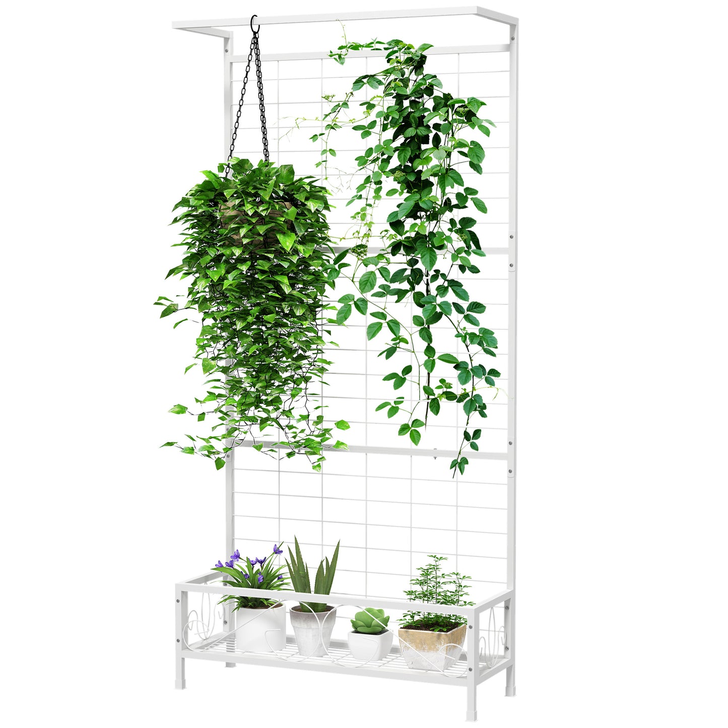 Tall Metal Plant Stand with Trellis and Hanging Bar, Indoor Outdoor Garden Display, White, 74 Inches