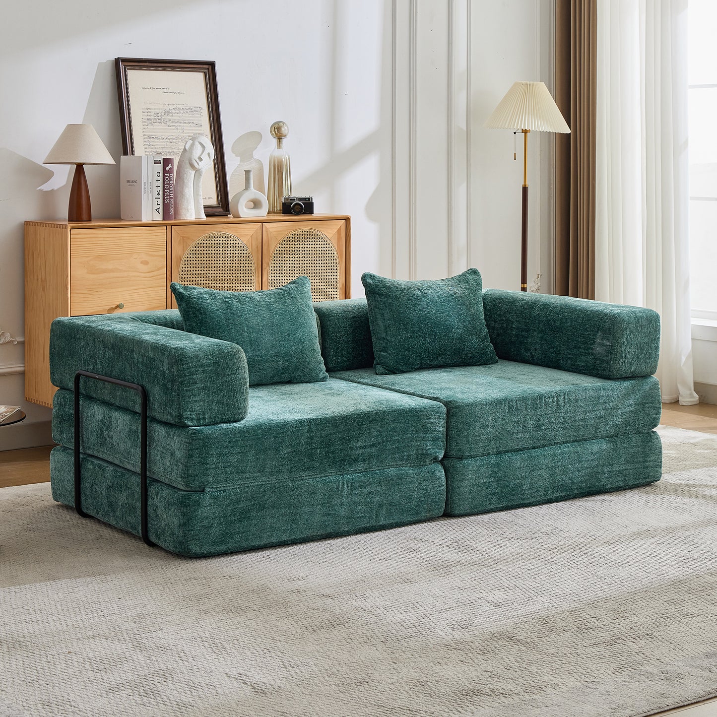 Convertible Floor Sofa Bed - Dark Green Chenille Fabric