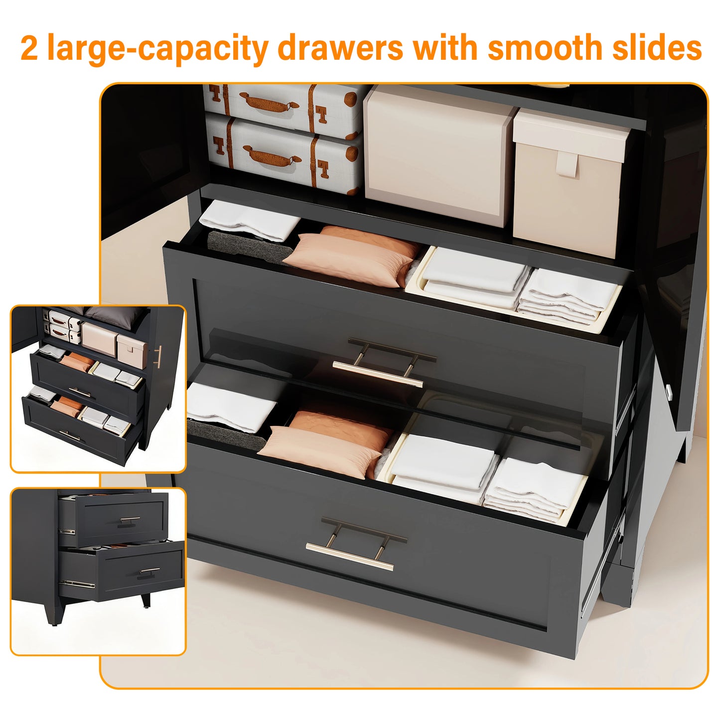 71" Tall Metal Wardrobe Cabinet with 2 Drawers & Shelf - Black