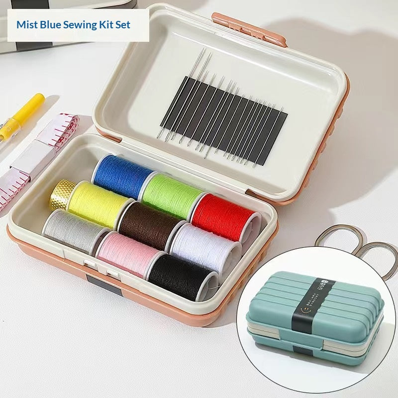 Portable Sewing Kit with Magnetic Case and 11-Color Threads - Blue/White/Orange