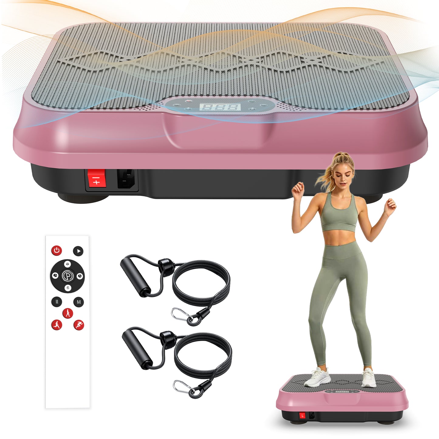 Vibration Plate Exercise Machine with Remote Control & Resistance Bands - Rose Red