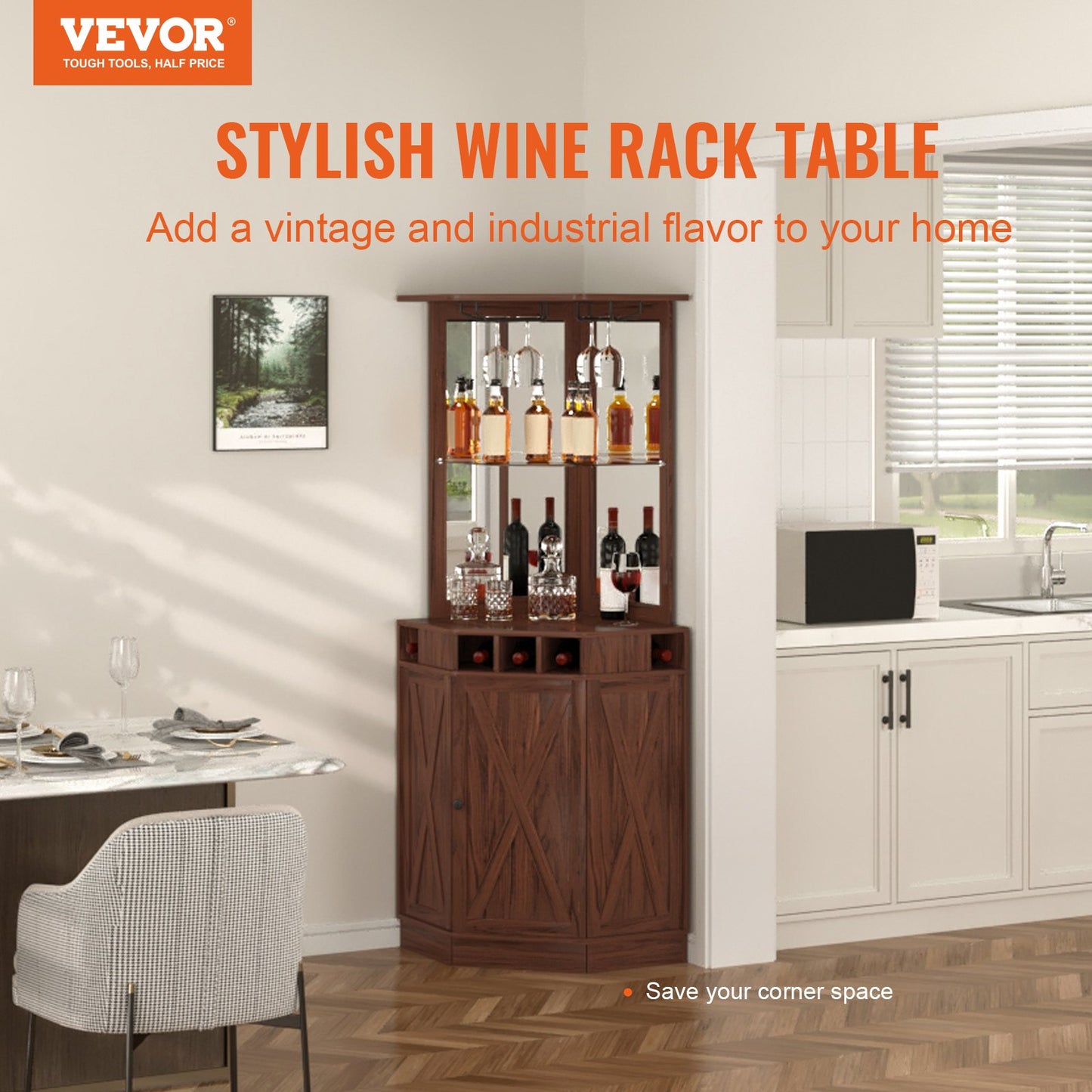 Corner Bar Cabinet with Wine Glass Holder - Black Walnut