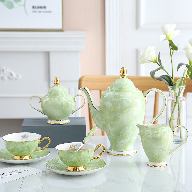 Modern Green Bone China Coffee Set with Gold Tracing - 8-Piece Tea & Coffee Service